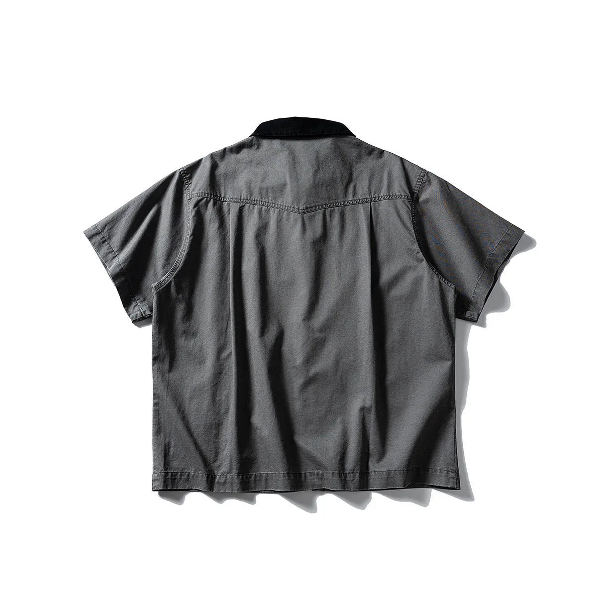 Khaki and grey cotton short sleeve overall shirt with loose fit cardigan styling for teenagers