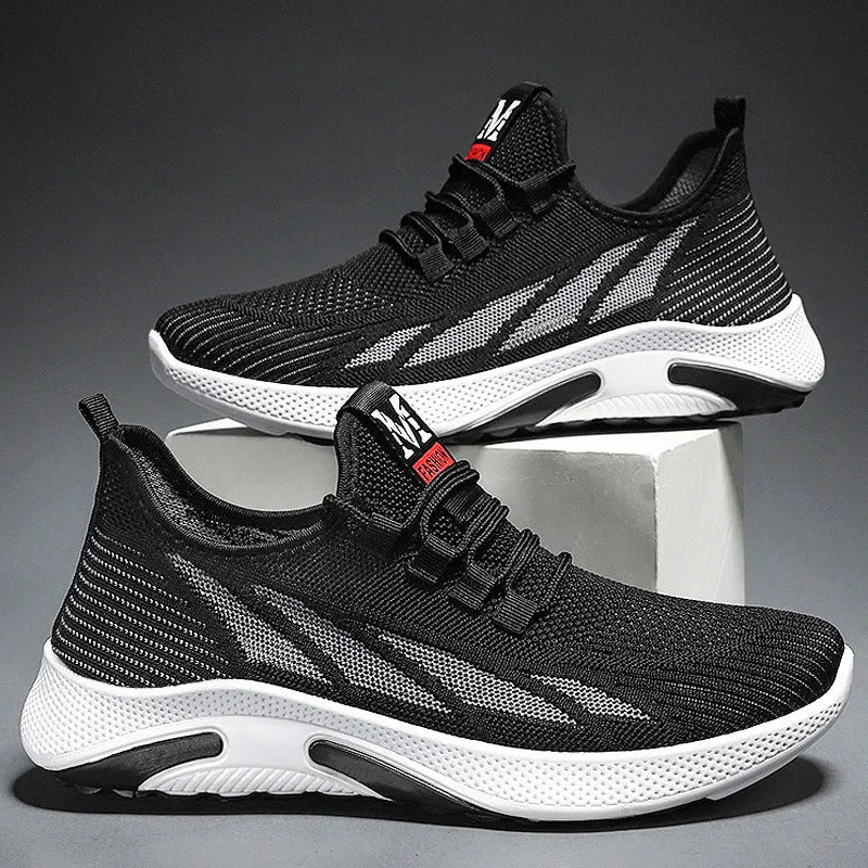 Men's casual running sneakers in black, mesh and PVC, solid colour, side view