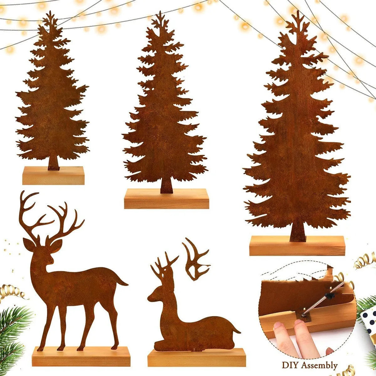 Set of three rusty metal Christmas tree ornaments with elk designs on a rustic background.