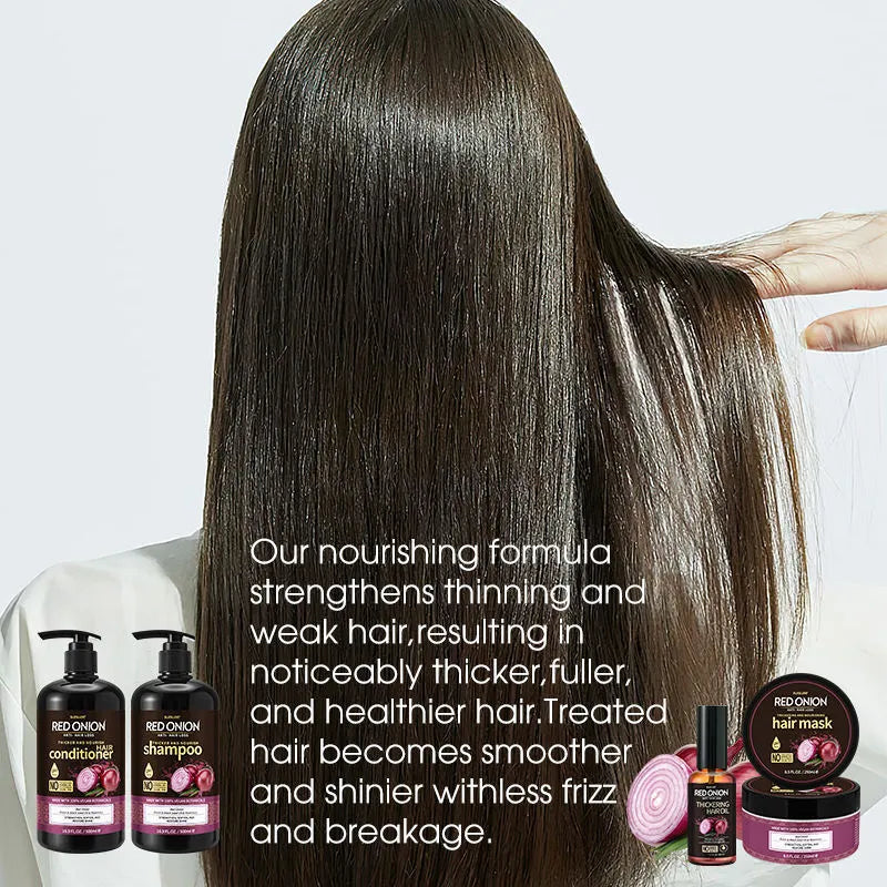 Red onion shampoo conditioner four-piece set with shampoo, conditioner, hair mask and essential oil bottles