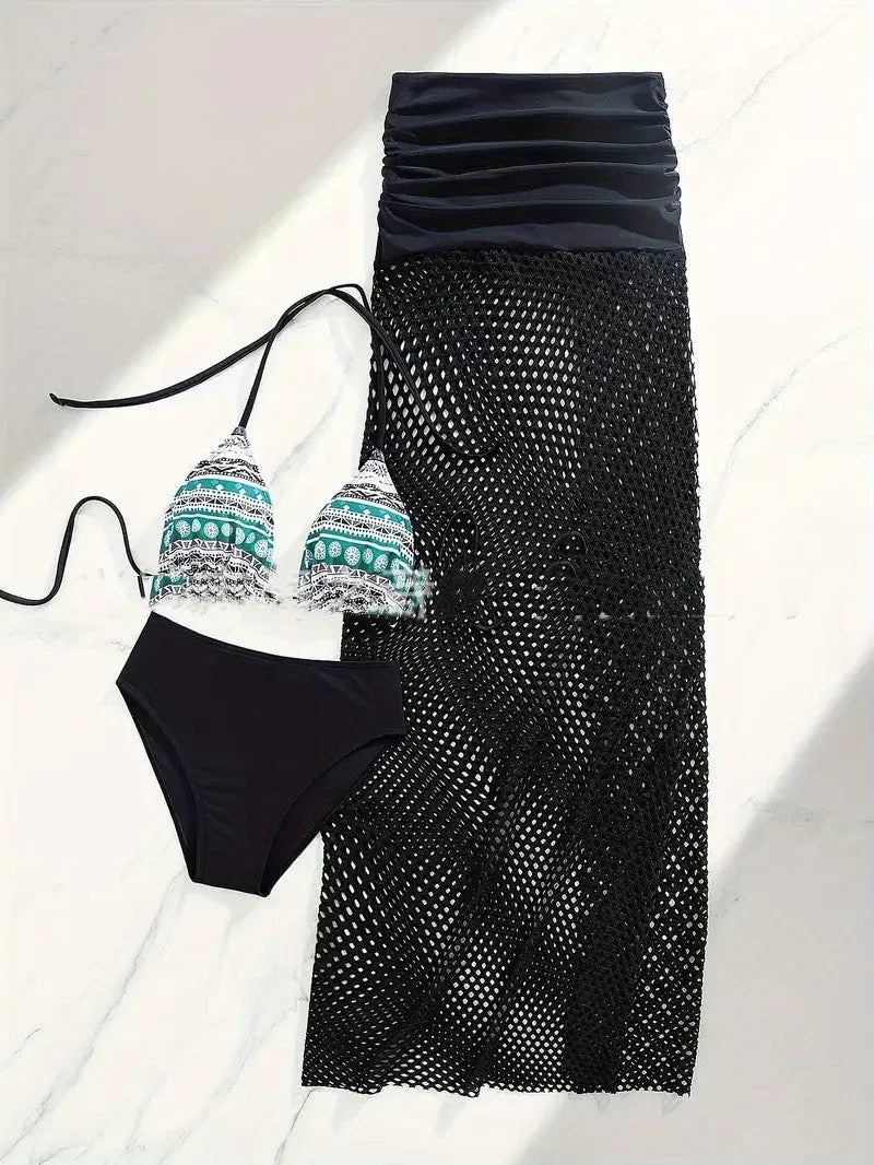Women's brown gradient fishnet long skirt and bikini three-piece set on a mannequin