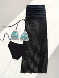 Women's brown gradient fishnet long skirt and bikini three-piece set on a mannequin