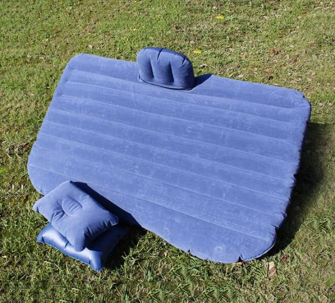 Thick flocking inflatable car air bed set with pump and pillows for five-seater vehicles.