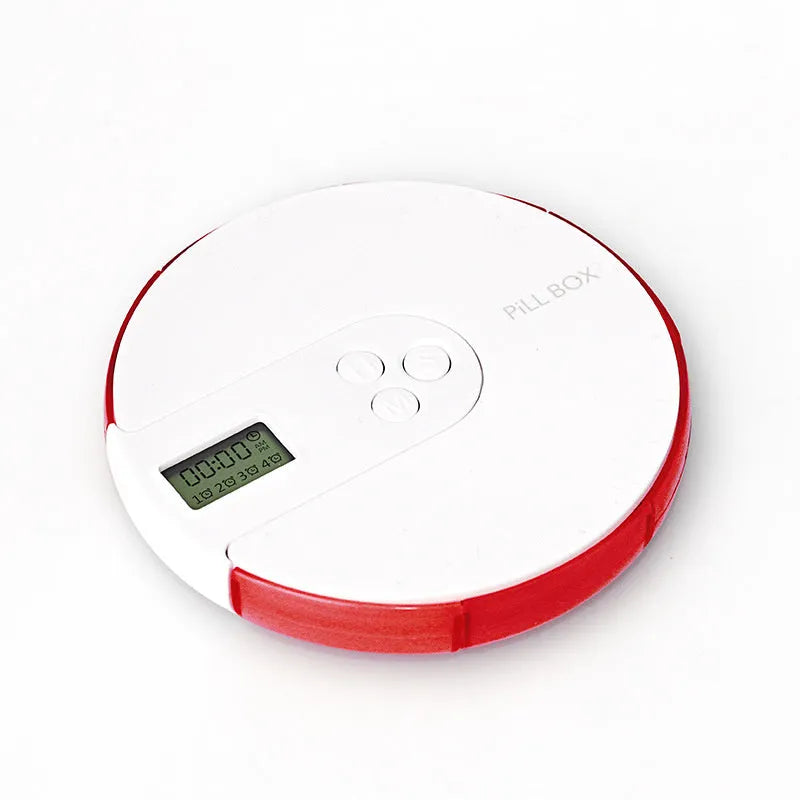 Seven compartment electronic pill dispenser with digital display and alarm clock functions in multiple colour options
