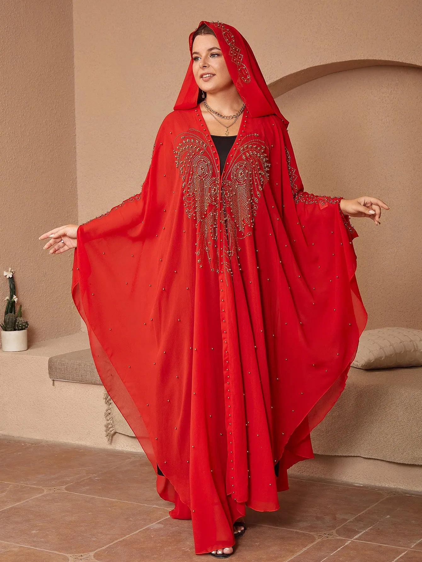 Muslim style chiffon cape shawl with rhinestone beaded trim in various colours showing 135-175cm length