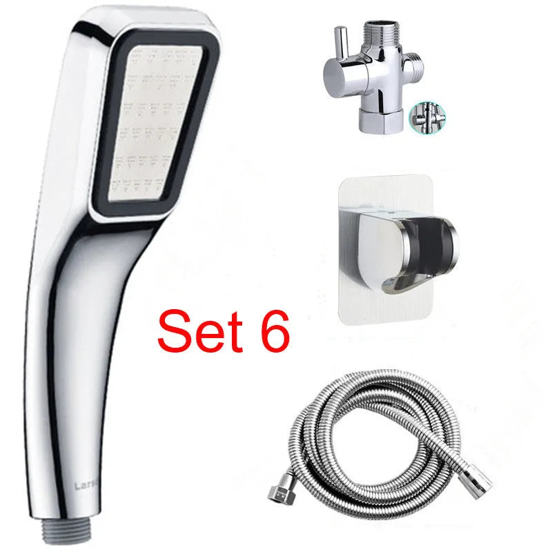 Orange hand-held rain shower set with pressurised function showing shower head and connection