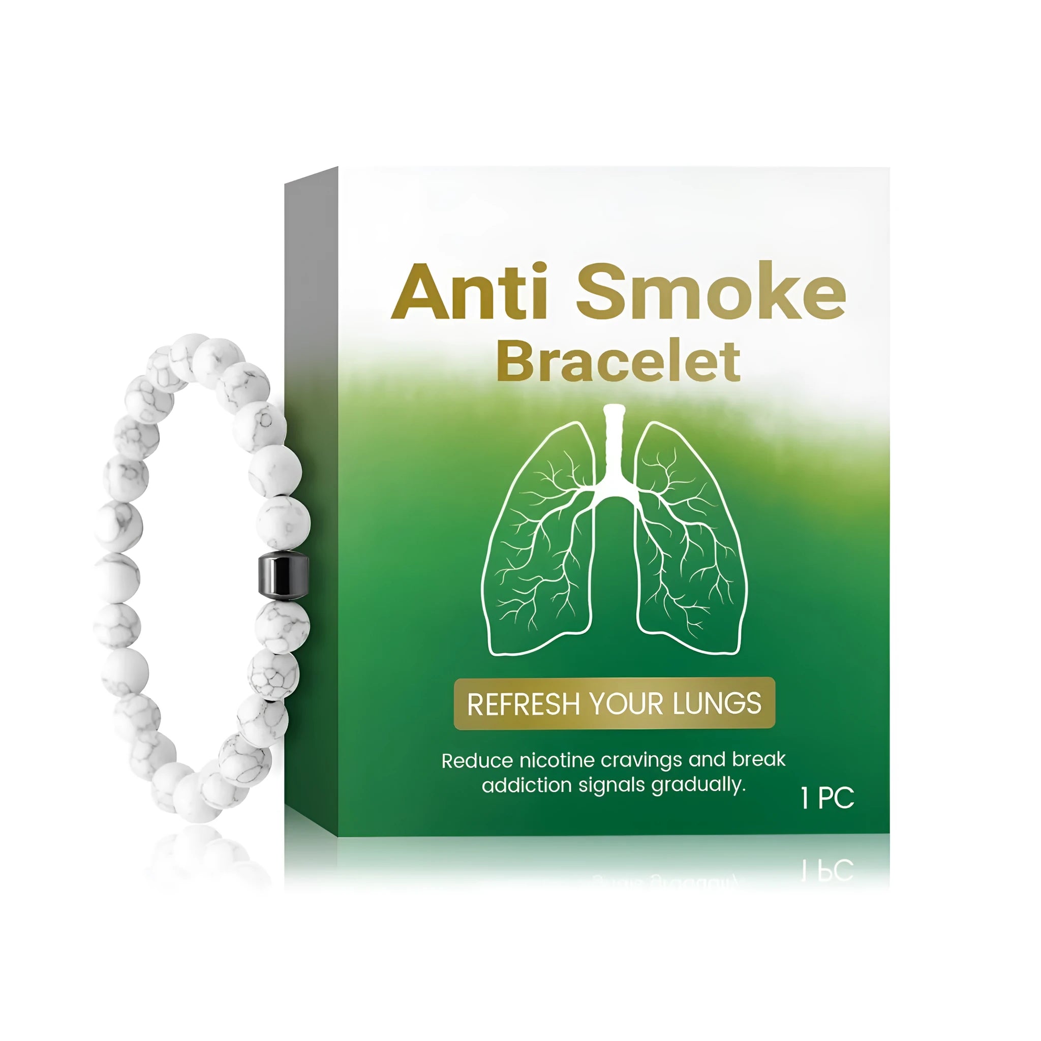 Blue synthetic turquoise smoke prevention bracelet with adjustable sizing on wrist