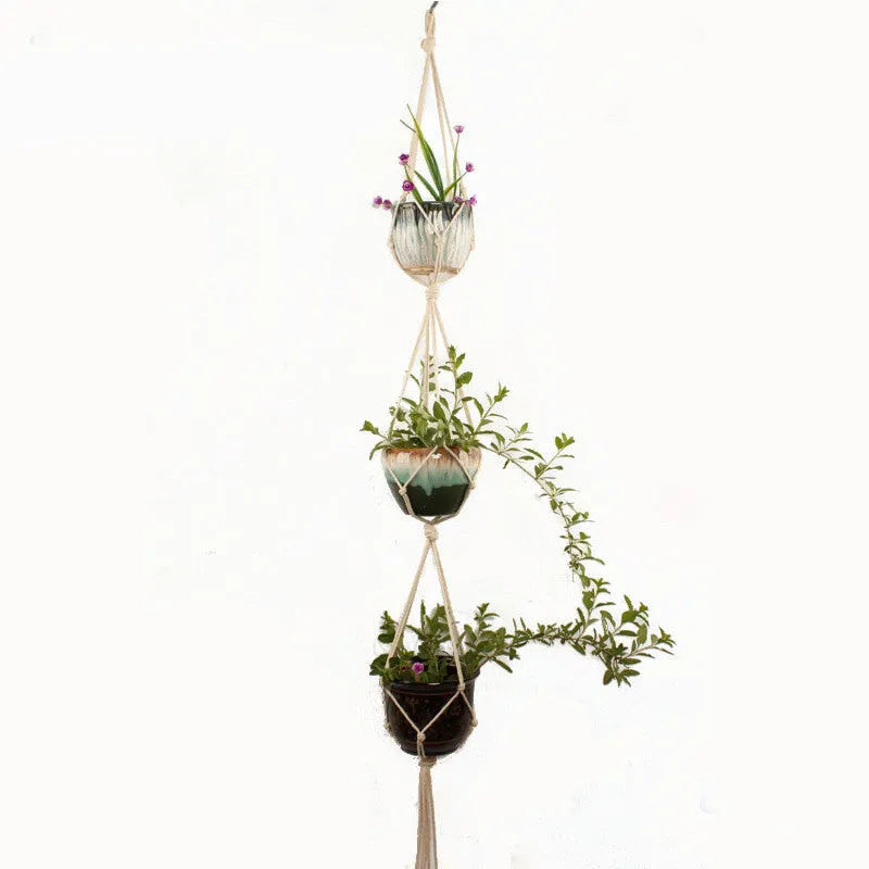 Handwoven natural cotton rope plant trellis mesh panel for climbing vines on a wall