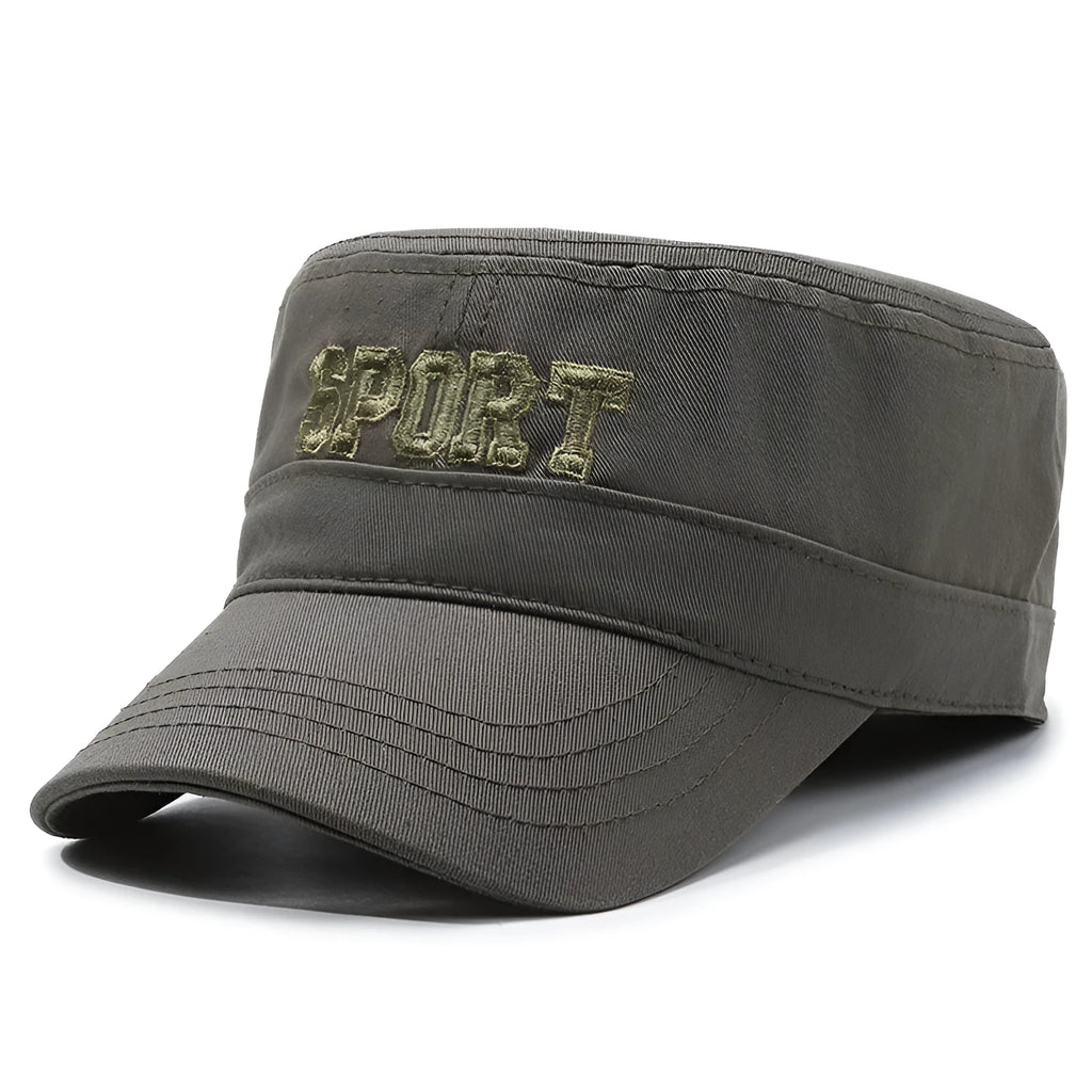 Men's cotton flat-top peaked cap in adjustable size, shown in dark blue army green colour.