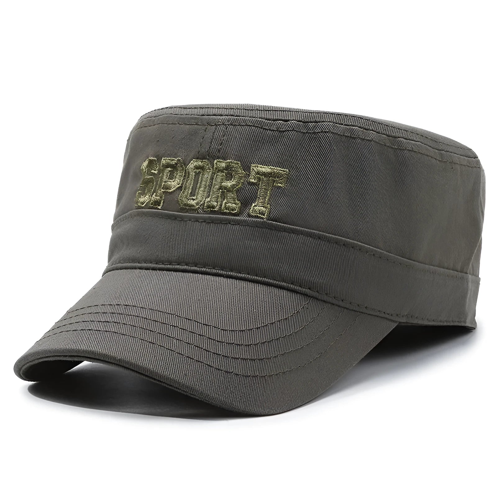 Men's cotton flat-top peaked cap in adjustable size, shown in dark blue army green colour.