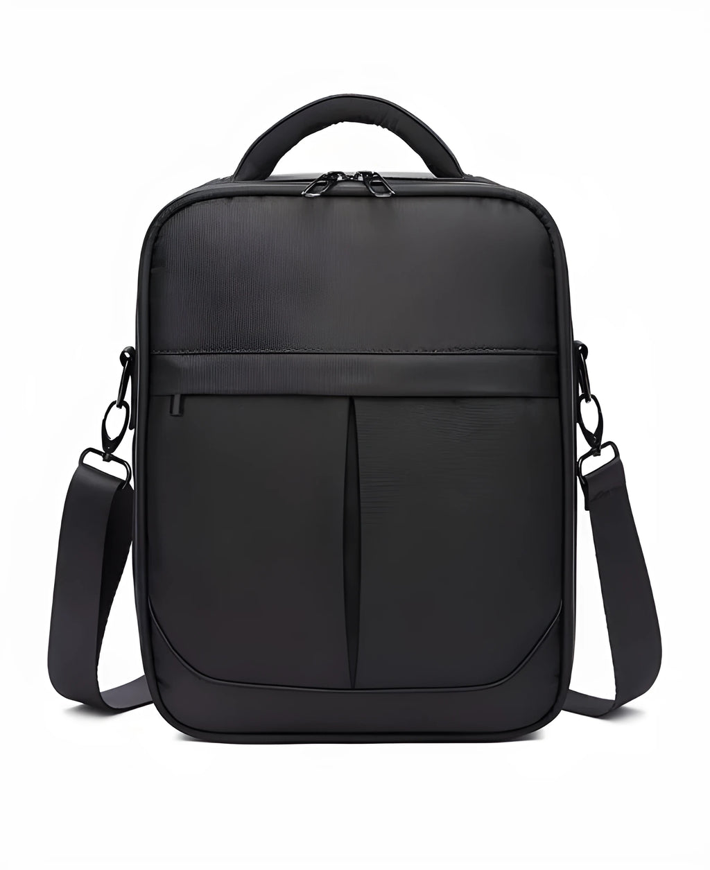 Black oxford fabric men's messenger bag with shoulder strap and carry handle.