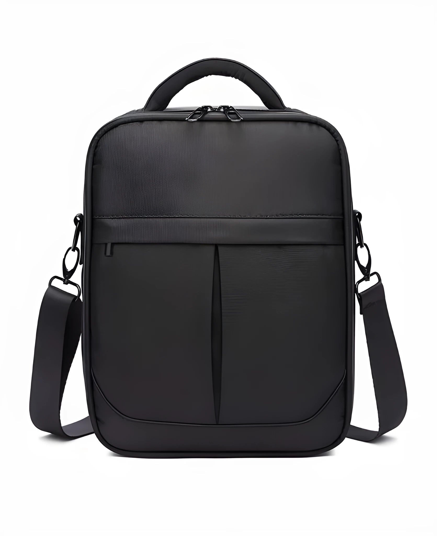 Black oxford fabric men's messenger bag with shoulder strap and carry handle.