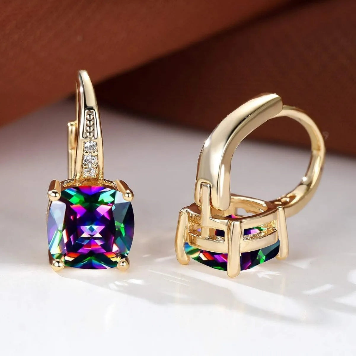 Square geometric ear clip with colourful moissanite inlays in gold electroplated finish