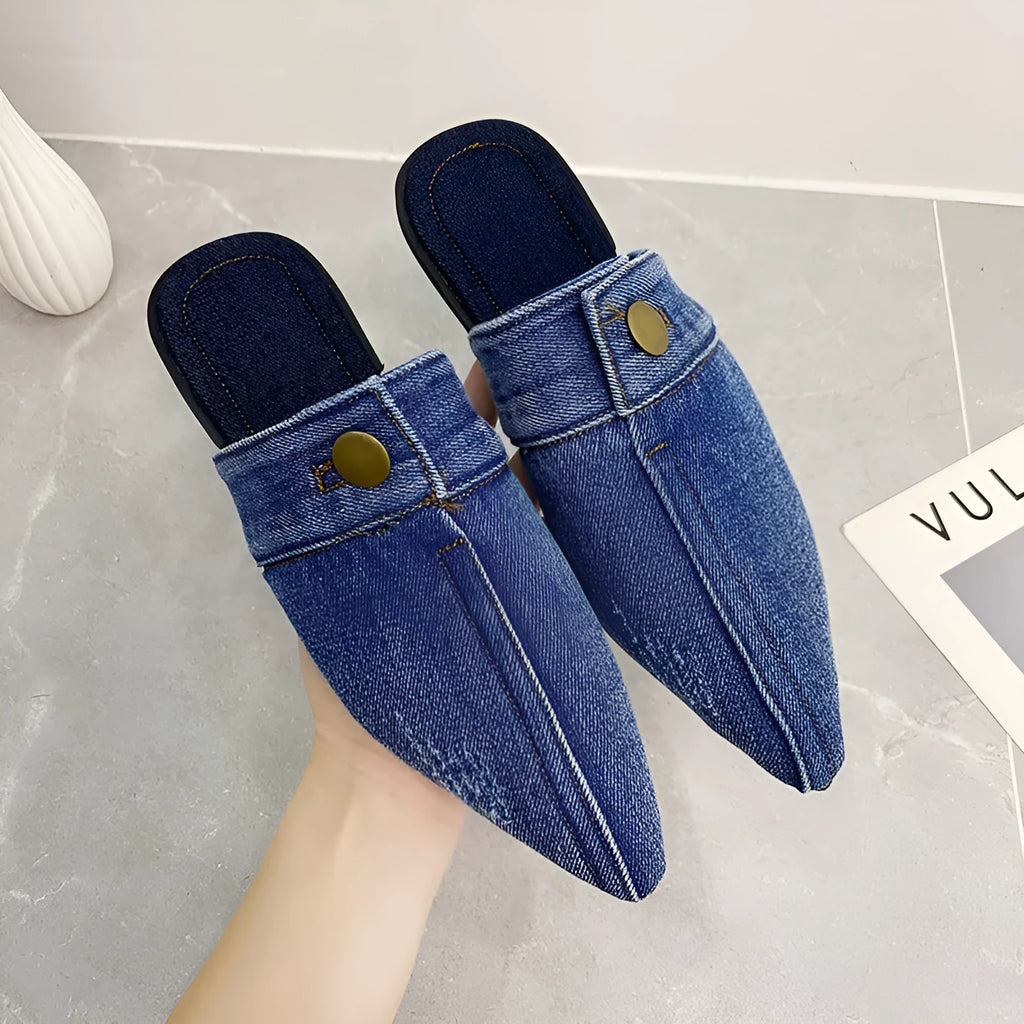 Women's washed denim flat closed toe slippers in light blue with canvas upper and rubber sole