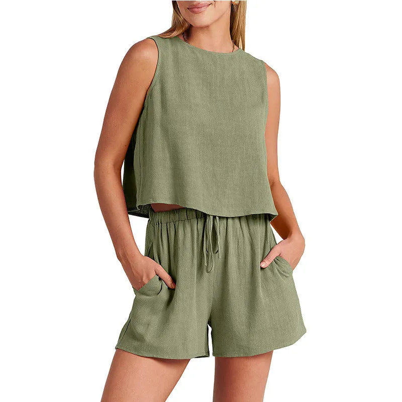 Women's apricot coloured sleeveless top and drawstring shorts summer 2-piece outfit set