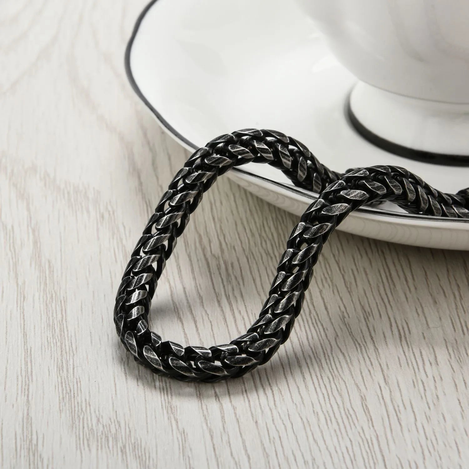 Custom stainless steel vintage men's bracelet with retro colour finish and adjustable chain link design