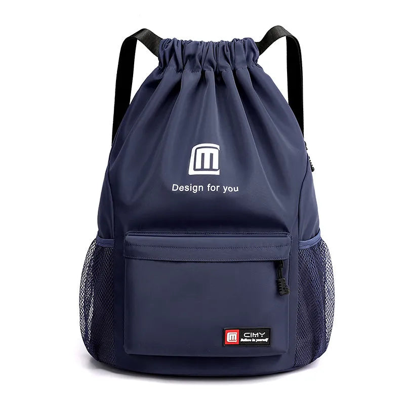 Oxford waterproof drawstring travel backpack in multiple colours showing foldable design and shoulder straps