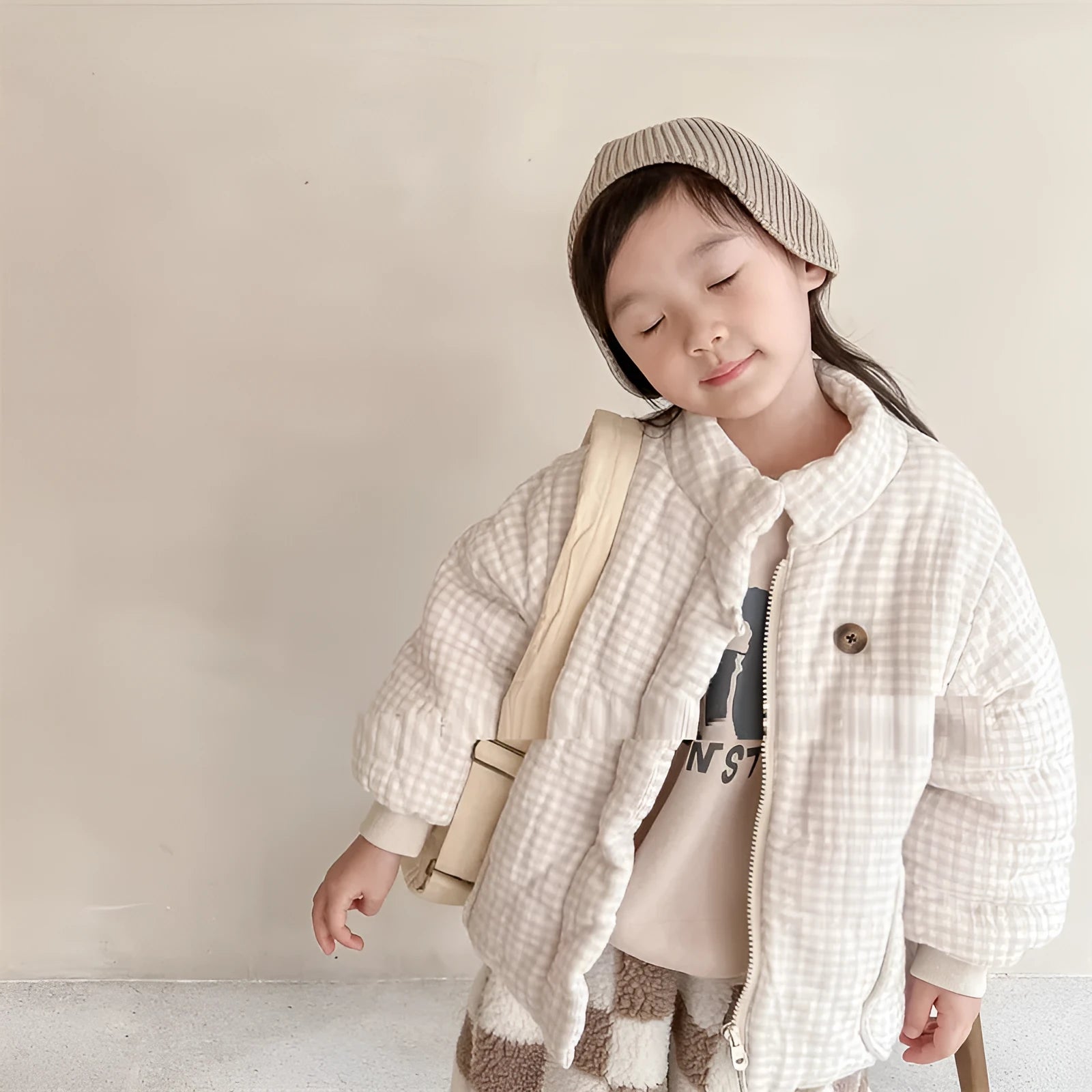 Fleece-lined plaid cotton-padded coat for children, beige, suitable height 100cm, cardigan style