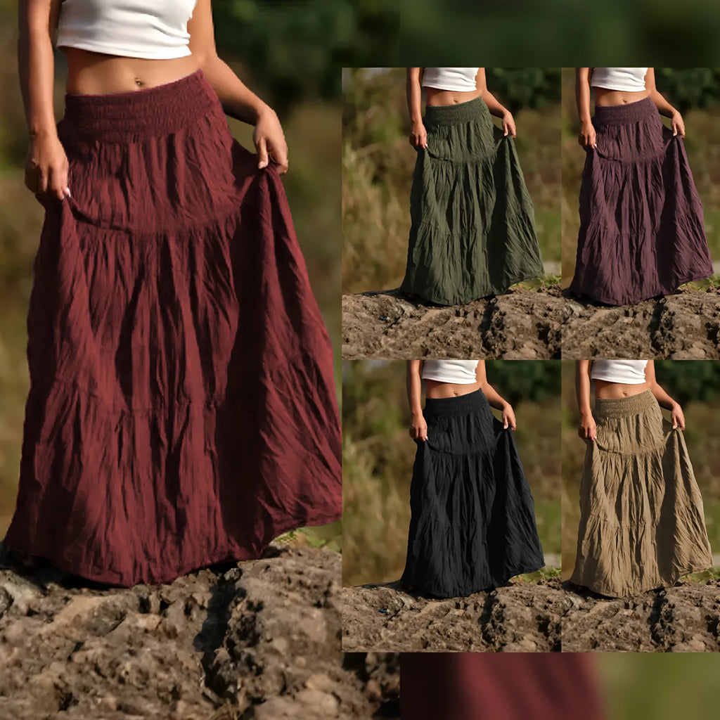 Women's waist smocking mid-length retro skirt in viscose fibre with folding detail, available in multiple colours and sizes