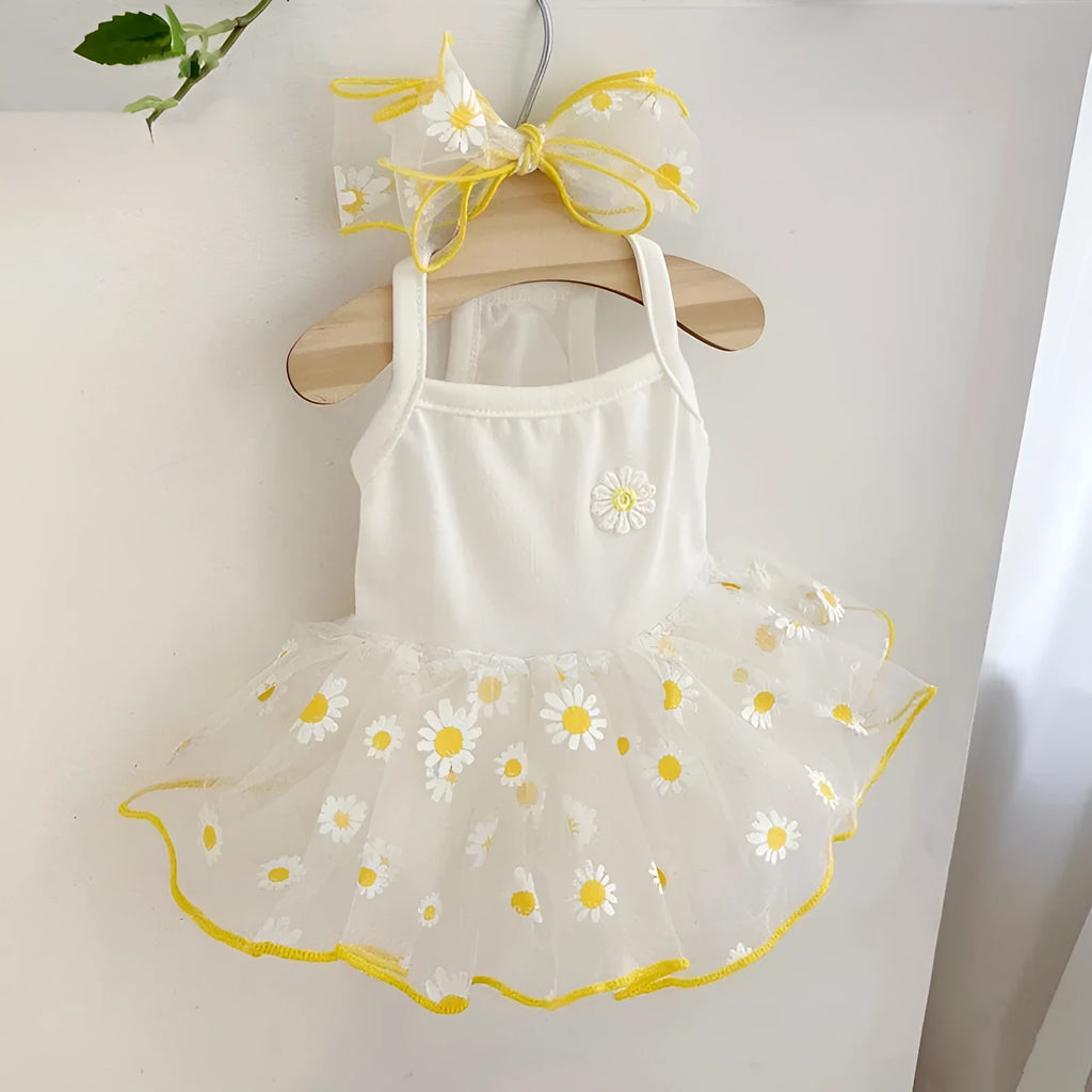 Yellow daisy print summer dog clothes made from lightweight polyester fabric