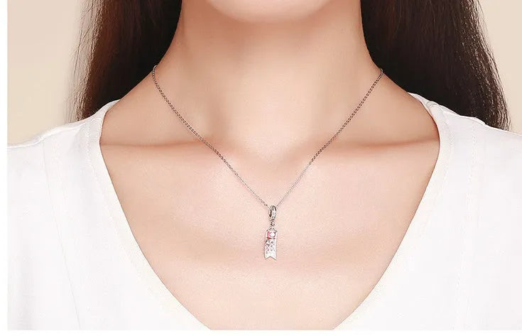S925 sterling silver carp streamer pendant necklace with zircon stone accent