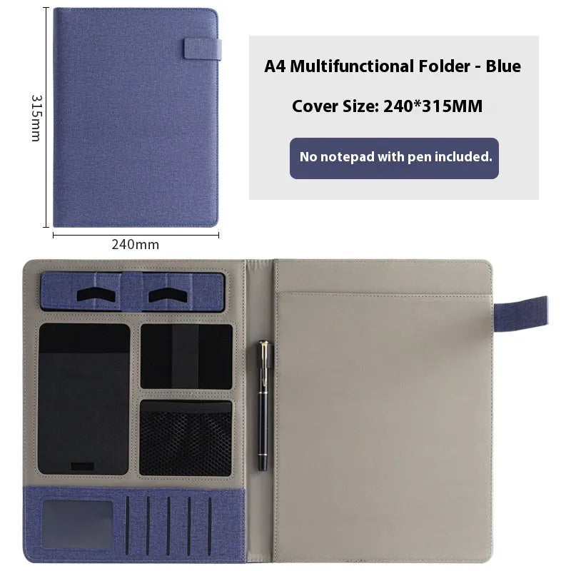 Leather A4 business folder in black colour showing pen holder and notepad configuration