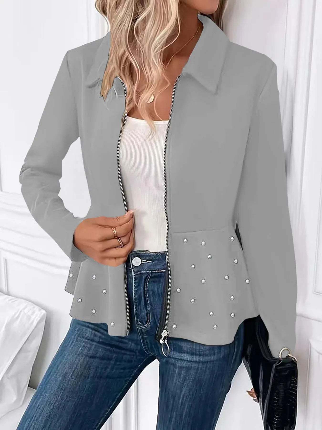 Women's black coat with heavy-duty zipper, beaded trim and ruffled hem in regenerated cellulose fibre blend