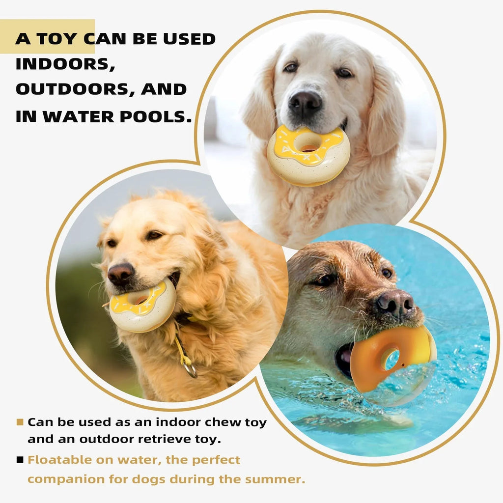 TPR molar teeth cleaning donut dog toy with squeaker in pink, yellow or chocolate colours