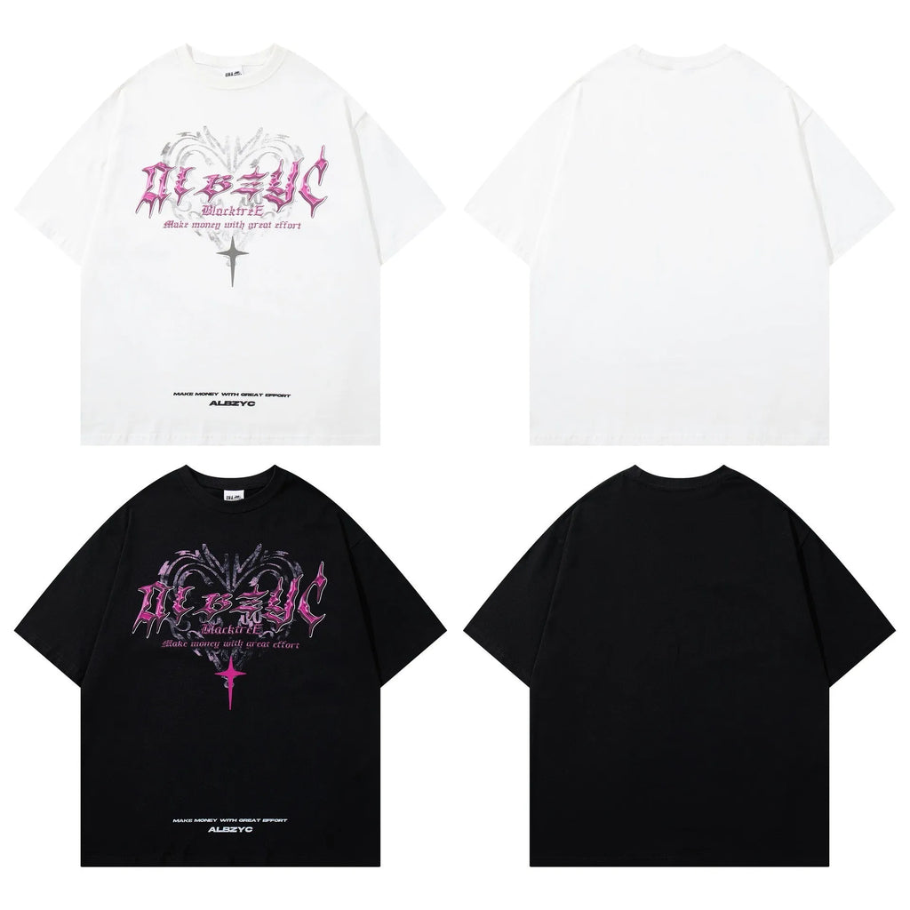 Retro design printed men's cotton t-shirt in black, showing loose fit and short sleeves.