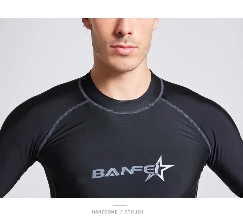 Men's navy blue quick-drying nylon swimsuit set with half-sleeve top and pants for swimming and surfing.