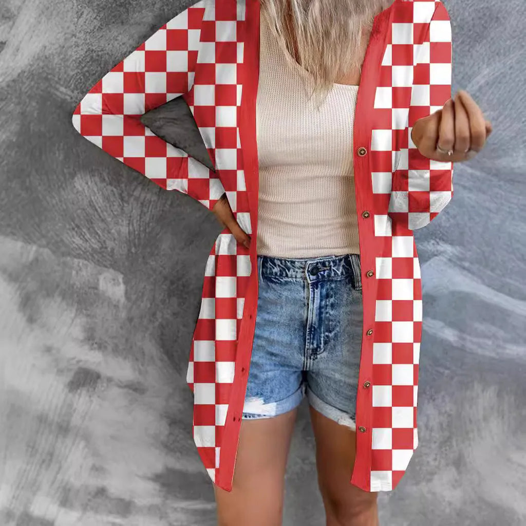Women's long grey plaid loose fit cardigan coat with regular sleeves for street fashion.