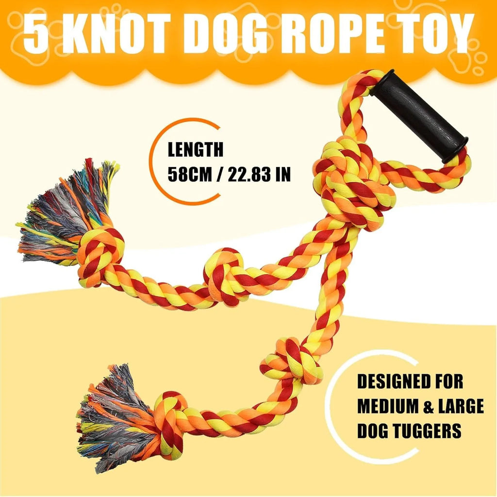 Blue and yellow cotton rope dog toy with ergonomic handle for large breed aggressive chewers