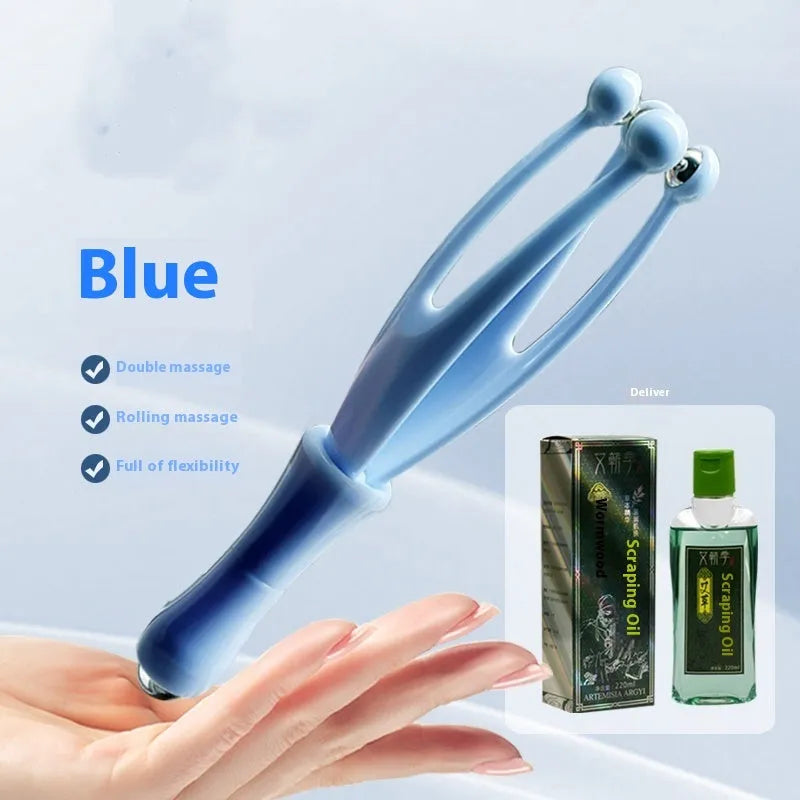 Blue and white finger massager with steel ball rolling mechanism for hand joint care.