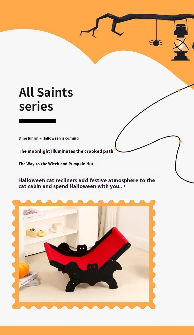 Wooden cat recliner with bat Halloween design in black or red colour for pet beds