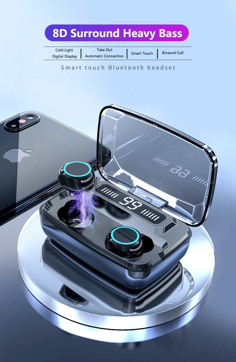 Black M11 Bluetooth wireless headset with digital display and charging case