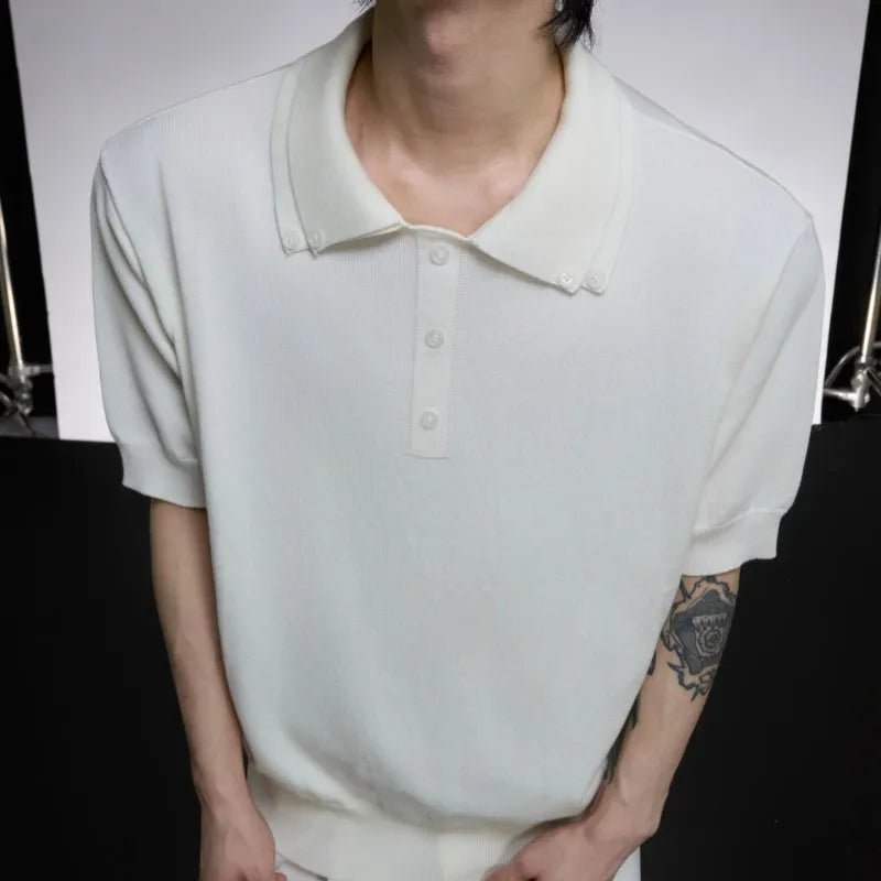 Men's double lapel collar short sleeve shirt in polyester knit fabric, available in black, grey and white colour options
