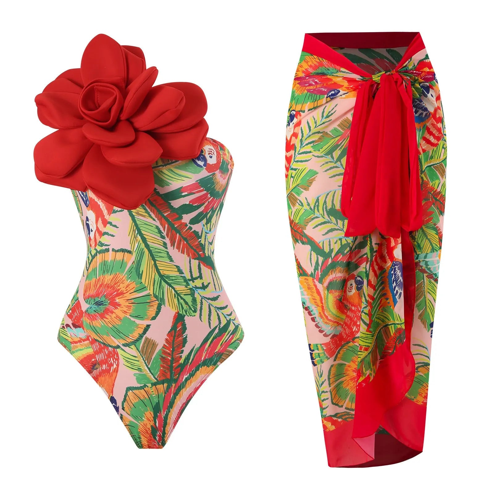 Women's blue printed one-piece swimsuit with matching gauze skirt, a holiday outfit set for swimming.