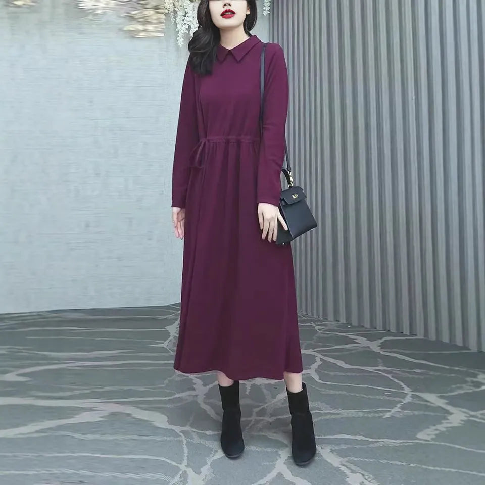 Purplish red plus size women's dress with extra long sleeves and urban style design
