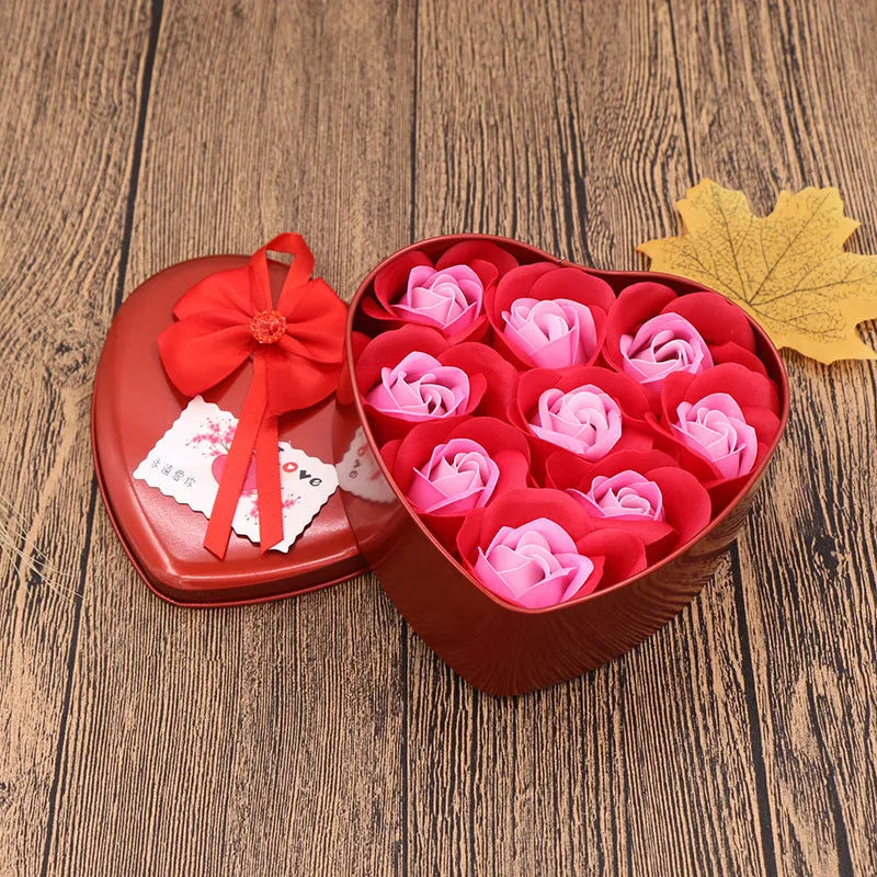 Soap flower gift box heart shaped tin box with bear figure red pink blue purple gradient handmade