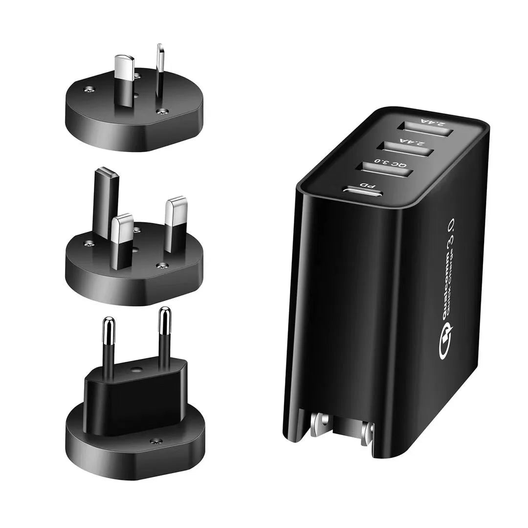 Multi-port fast wall charger with PD and QC support in black or white with international plug adapters