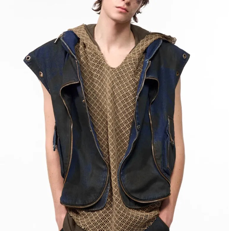 Blue hooded denim-style vest and matching trousers set with front zipper in Korean heavy industry deconstructs style.
