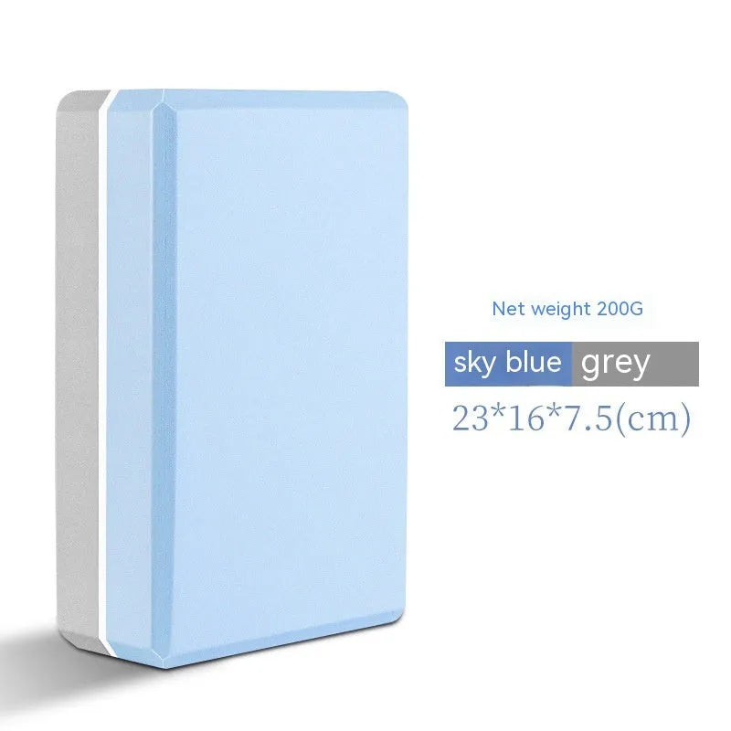 High-density EVA foam yoga block in assorted colours and prints, showing two thickness options for yoga and dance.