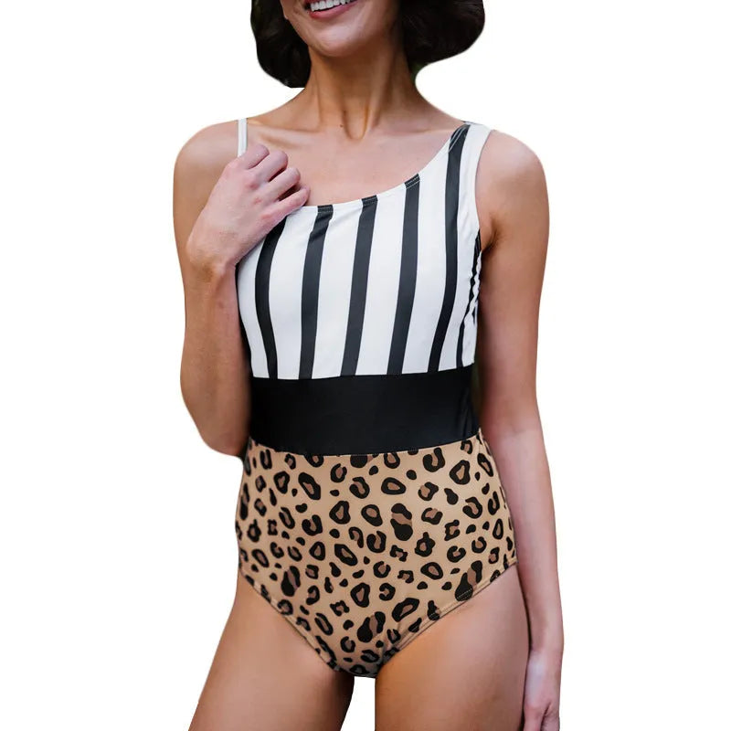 Leopard print women's one-piece swimsuit with asymmetric collar and high-waist brief