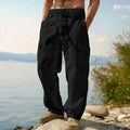 Men's loose fit thin cotton wide-leg casual trousers in a solid colour on a hanger.