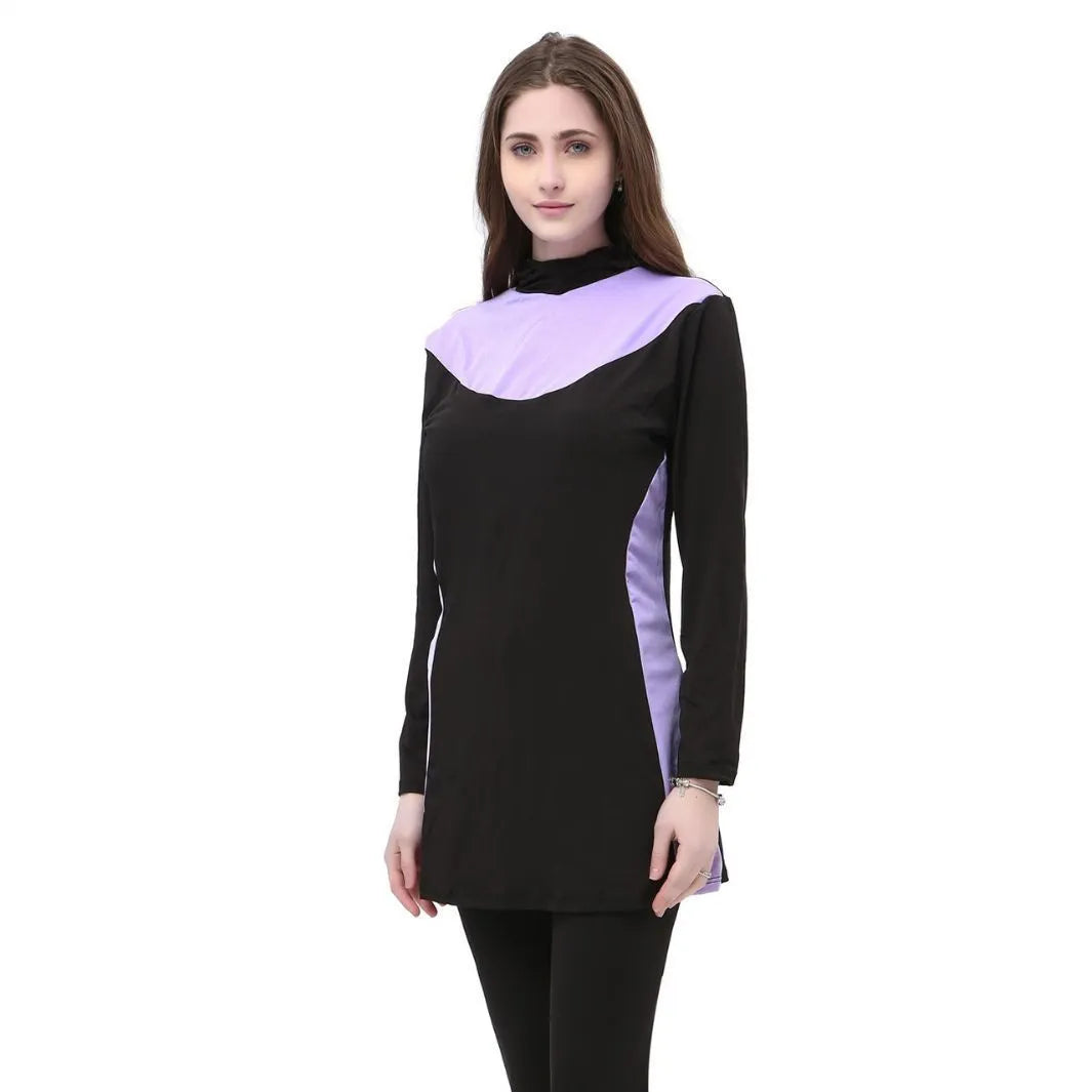 Conservative black women's swimsuit with hood, long sleeves, and full-length pants in a two-piece set.