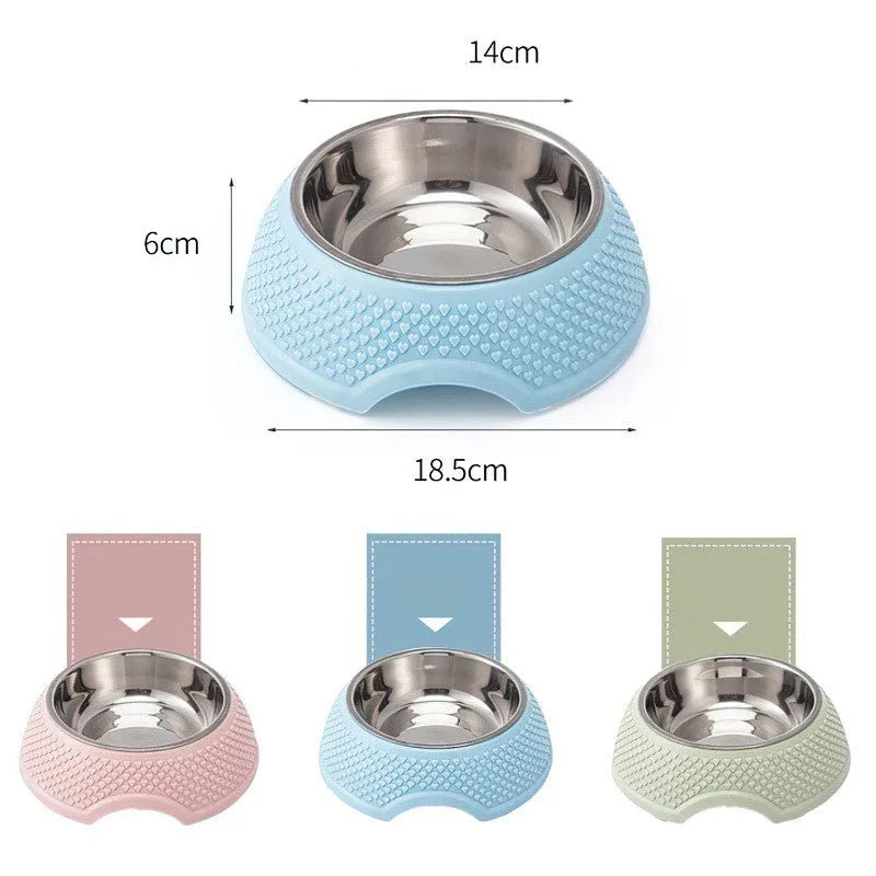 Set of four coloured stainless steel pet bowls with non-slip bases for cats and dogs