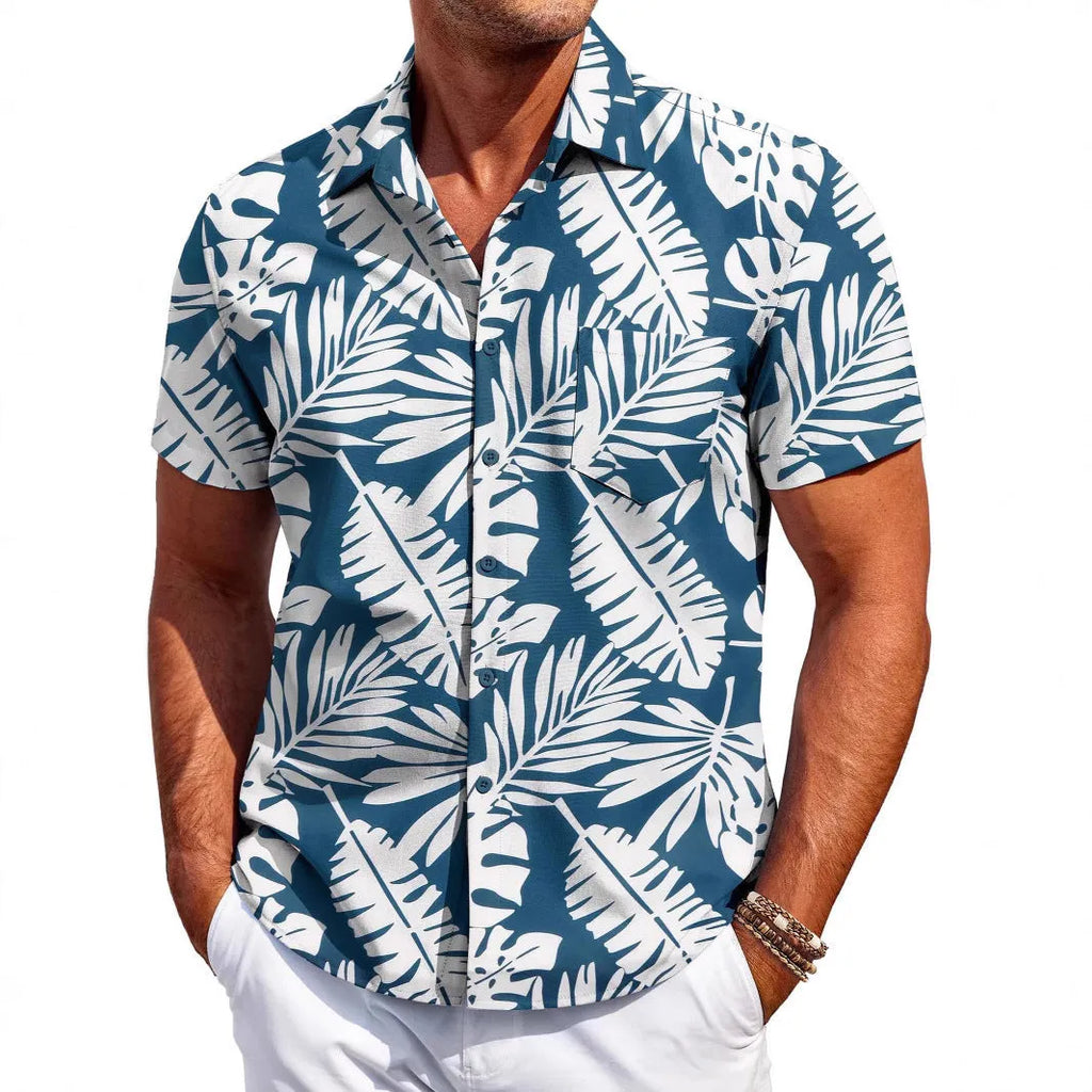 Men's slim fit Hawaiian short sleeve shirt in elastic polyester fabric on hanger