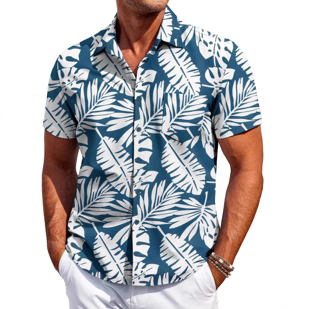 Men's slim fit Hawaiian short sleeve shirt in elastic polyester fabric on hanger