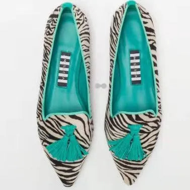 Women's low-cut pointed-toe colourblock tassel flat shoes in Brown Green and Brown Orange on a clean background