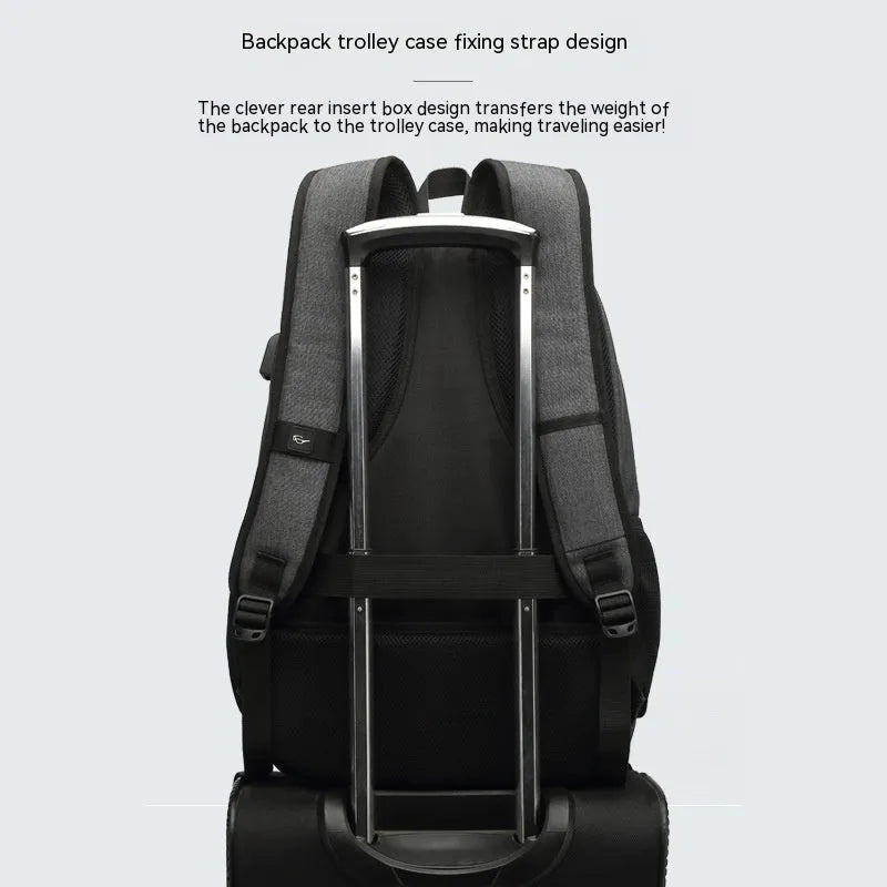 Grey and black nylon USB charging backpack with trolley case slot.